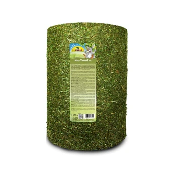 Ein zylindrischer Heuballen mit der Aufschrift 'Heu-Tunnel XXL' von JR Farm, wiegt 950g, mit detaillierten Produktinformationen an der Seite.