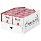 Eine Box mit pinken "FRED"-Paketen, die einen Cartoon-Hund mit Hut und den Text "FRED & FELIA" sowie "Tierliebe vom Allerfeinsten" zeigt.