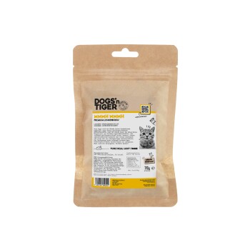 Braune Papierverpackung von "Dogs'n Tiger" Katzenleckerlis mit der Aufschrift "MMMH MMMH" und einem Foto einer Katze, Nährwertinformationen und QR-Code.