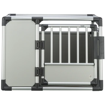 Aluminium-Haustierkäfig mit einer grauen Platte und einer Gittertür, ausgestattet mit einem sicheren Riegel und Trixie-Branding.