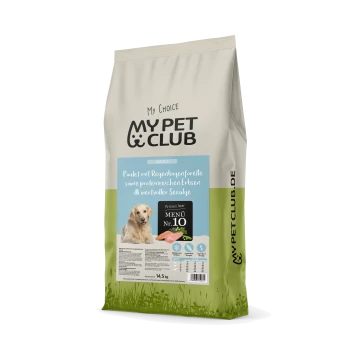 Hundefutterbeutel mit der Aufschrift 'My Pet Club', der einen Golden Retriever zeigt, mit Text, der die Zutaten beschreibt: Huhn, Regenbogenforelle, Erbsen und Algen.