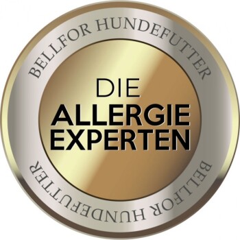 Goldenes Siegel mit dem Text "DIE ALLERGIE EXPERTEN" in Fettdruck, umgeben von "BELLFOR HUNDEFUTTER" oben und unten.