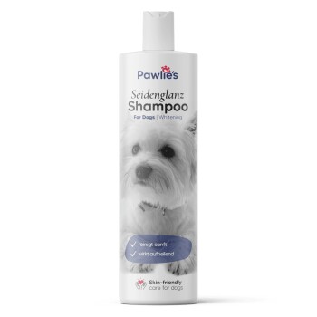Pawlies-Hundeshampoo-Flasche mit einem weißen Deckel, mit Anweisungen auf der Rückseite in deutscher Sprache, die die sanfte, vegane und parabenfreie Formel hervorheben.