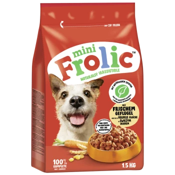 Ein roter Beutel mit Mini Frolic Hundefutter, der das Gesicht eines glücklichen Hundes zeigt, mit Text, der "Natürlich unwiderstehlich" und "100% komplett" hervorhebt.