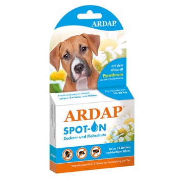 ARDAP Spot-On Floh- und Zeckenschutz für Hunde mit einem Gewicht von 10-25 kg, mit Pyrethrum. Enthält 3 Tuben für bis zu 12 Wochen Schutz.