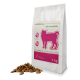 Eine 2 kg Tüte Katzenfutter mit der Aufschrift 'montanus cats sensible', die eine pinke Silhouette einer Katze zeigt, mit Text, der angibt, dass es für empfindliche Katzen geeignet ist.