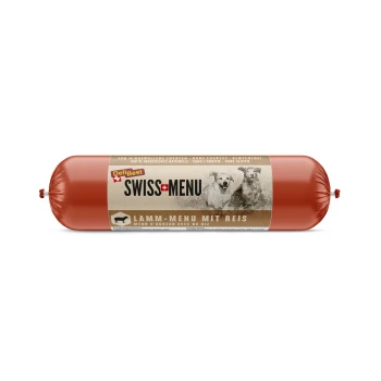 Rote zylindrische DeliBest Swiss Menu Hundefutterverpackung, beschriftet 'Lamm-Menu mit Reis,' mit Bildern von zwei Hunden und '100% natürlich, glutenfrei.'