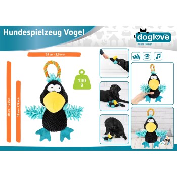 Buntes Plüsch-Hundespielzeug in Form eines Vogels, das 24 cm (9,5 Zoll) misst und 130 g wiegt, mit einem Seilgriff zum Ziehen.
