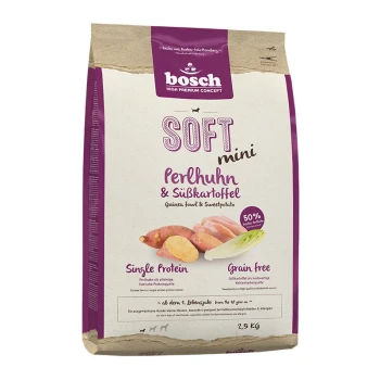 Bosch Soft Mini Hundefutterbeutel mit Perlhuhn und Süßkartoffel, gekennzeichnet mit "Single Protein" und "Getreidefrei", 2,5 kg.