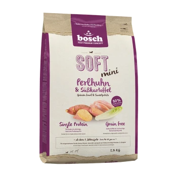 Bosch Soft Mini Hundefutterbeutel mit Perlhuhn und Süßkartoffel, gekennzeichnet mit "Single Protein" und "Getreidefrei", 2,5 kg.