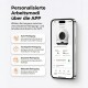 Smartphone zeigt Katzentoiletten-App und deutschen Titel 'Personalisierte Arbeitsmodi' mit vier Reinigungsmodi.