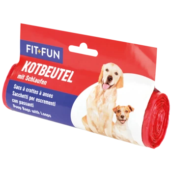 Sacs à crottes rouges FIT+FUN avec boucles, présentant un golden retriever souriant et un texte multilingue : "SAC À CROTTES avec boucles."