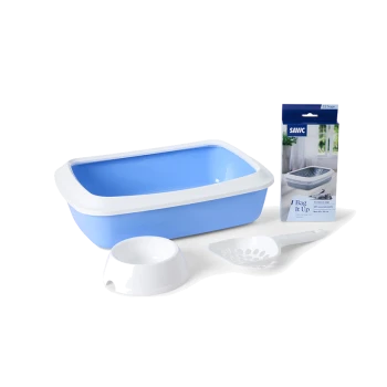 Blau-weiße Katzenstreu-Toiletten-Set mit Schaufel, Schale und Savic „Bag It Up“ Katzenstreubeuteln.