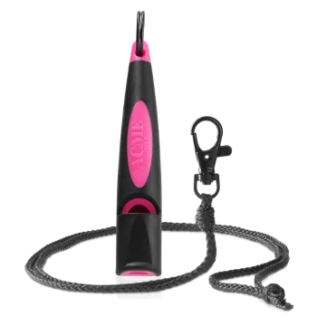 Schwarze und pinke ACME 211.5 Hundepfeife mit schwarzem geflochtenem Umhängeband und Metallclip.