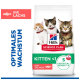 Hill's Science Plan Kätzchenfutterbeutel mit drei Kätzchen; Beschriftungen: KITTEN <1, mit Lachs, 5 wesentliche Vorteile.