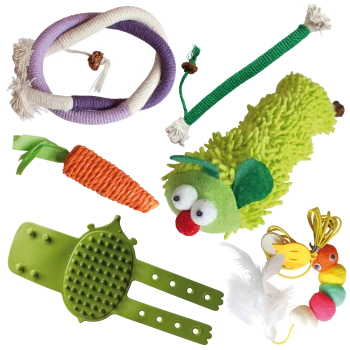 Verschiedene bunte Haustierspielzeuge, darunter ein grüner Plüsch-Raupe, Seilspielzeuge, ein Karotten-Kauspielzeug, ein gefiedertes Spielzeug und ein grüner Gummipflegehandschuh.