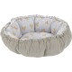 Panier rond en velours côtelé gris avec bord froncé, intérieur en peluche blanche imprimé de petites silhouettes de chiots beiges