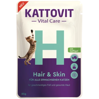 Sachet Kattovit Vital Care avec grand H, chat tigré sautant, 'Hair & Skin', 'pour tous les chats adultes', 'avec de la volaille', 85 g