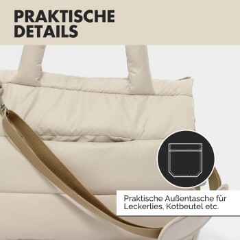 Beige gepolsterte Transporttasche für Haustiere mit praktischer Außentasche für Leckerlis und Kotbeutel, beschriftet mit „Praktische Außentasche für Leckerlies, Kotbeutel etc.“
