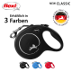 Schwarze flexi Hundeleine mit silbernem Logo, erhältlich in drei Farben: schwarz, blau und rot. Der Text enthält "NEUE KLASSIK" und "HERGESTELLT IN DEUTSCHLAND."