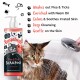 Flasche Bugalugs Floh- und Zecken-Shampoo mit Cartoon-Katzendesign, das die Vorteile hervorhebt. Im Hintergrund wird eine Katze gewaschen.