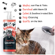 Flasche Bugalugs Floh- und Zecken-Shampoo mit Cartoon-Katzendesign, das die Vorteile hervorhebt. Im Hintergrund wird eine Katze gewaschen.