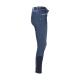 Seitenansicht von dunkelblauen Reitleggings mit einem schwarzen Kniepatch und einem Bund mit dem Text 'feel love & passion.'