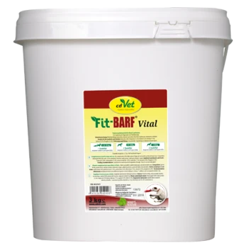 Weißer Kunststoffeimer mit der Aufschrift "cdVet Fit-BARF Vital" mit Nährwertinformationen und Anwendungshinweisen, enthält 3 kg Nahrungsergänzung für Haustiere.