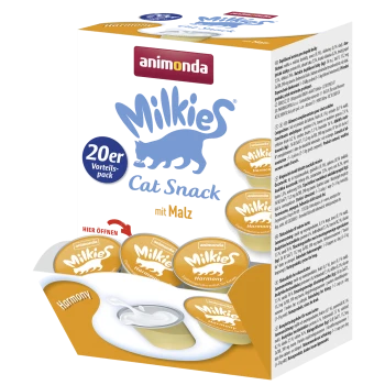 Pudełko przekąsek Animonda Milkies z pomarańczowymi kubeczkami Harmony; widoczne napisy: 20er Vorteils-pack, mit Malz, Hier öffnen.
