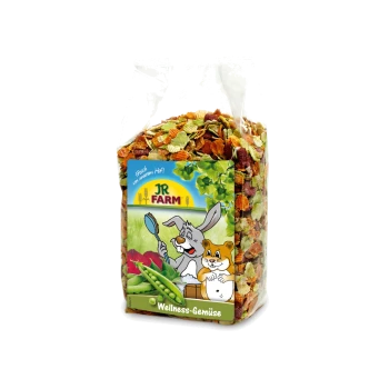 Klarsichtbeutel mit buntem Haustiergemüse-Mix, beschriftet "JR FARM Wellness-Gemüse", mit einem Cartoon-Hasen und Hamster auf dem Etikett.