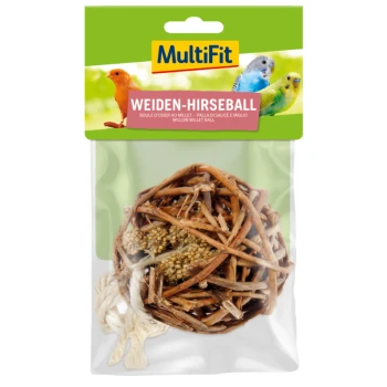 Une boule de millet en osier pour oiseaux, avec un design tissé contenant des graines de millet, étiquetée "MultiFit Weiden-Hirseball."