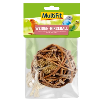 Eine verpackte Weidenhirse-Kugel für Vögel, mit einem geflochtenen Design aus Hirse-Samen, beschriftet mit "MultiFit Weiden-Hirseball."