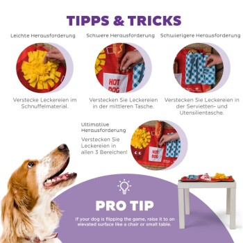 Bild zeigt ein Hundespielzeug mit Tipps zum Verstecken von Leckerlis. Der Text enthält "TIPPS & TRICKS" und "PRO TIPP" zur Verbesserung des Spiels.