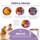 Bild zeigt ein Hundespielzeug mit Tipps zum Verstecken von Leckerlis. Der Text enthält "TIPPS & TRICKS" und "PRO TIPP" zur Verbesserung des Spiels.