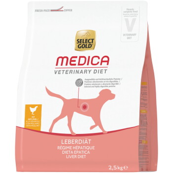 Select Gold MEDICA Veterinary Diet-Tüte – Leberdiät, 2,5 kg, rosa Hundesilhouette mit Leberziel.