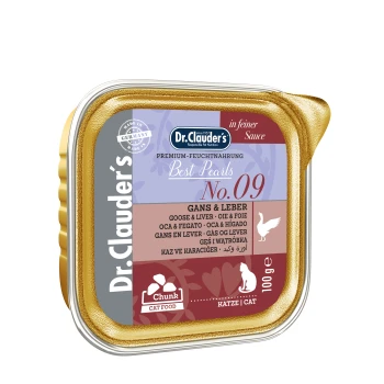 Dr. Clauder's Best Pearls No. 09 Katzenfutter in einem goldverzierten Behälter mit Gans- und Leberzutaten, 100g.