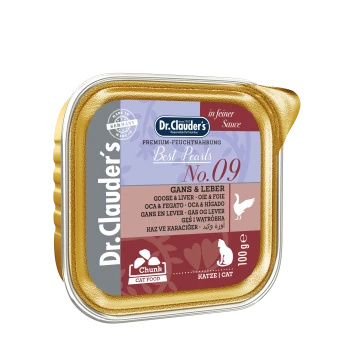 Dr. Clauder's Best Pearls No. 09 Katzenfutter in einem goldverzierten Behälter mit Gans- und Leberzutaten, 100g.