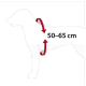 Illustration einer Hundesilhouette mit einem Maßbereich von 50-65 cm, der durch Pfeile angezeigt wird, vor einem grauen Hintergrund.