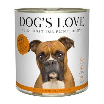 Dose mit "DOG'S LOVE" Truthahn-Hundefutter, beschriftet auf Deutsch: "feines Futter für feine Hunde," mit Zutaten wie Apfel, Zucchini und Walnussöl.