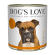 Dose mit "DOG'S LOVE" Truthahn-Hundefutter, beschriftet auf Deutsch: "feines Futter für feine Hunde," mit Zutaten wie Apfel, Zucchini und Walnussöl.