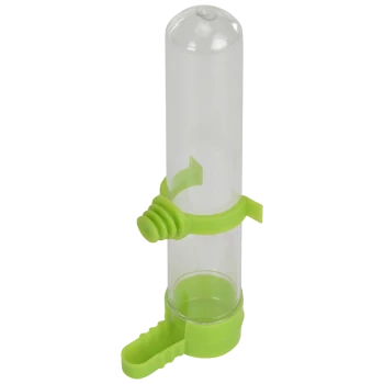 Clear plastic pet water bottle with a green screw cap and a clip for attachment, designed for easy hydration on the go.