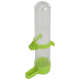 Clear plastic pet water bottle with a green screw cap and a clip for attachment, designed for easy hydration on the go.