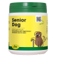 Behälter mit cdVet SeniorDog Ergänzung für ältere Hunde, mit einem grünen Deckel, gelbem Etikett und einer Hundesilhouette.