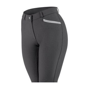 Schwarze Reithosen mit tailliertem Design und weißen Akzentstreifen an den Taschen.