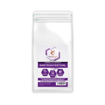 Weißer wiederverschließbarer Beutel Wildfang Gastrointestinal Hundefutter für erwachsene Hunde mit lila Etikett und Symbolen.