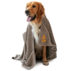 Golden Retriever, eingewickelt in ein graues Badetuch mit orange gesticktem Logo, sitzt mit heraushängender Zunge vor weißem Hintergrund.