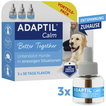 ADAPTIL Calm Produktverpackung mit drei Flaschen, beschriftet mit "Besser zusammen", die Hunde in stressigen Situationen unterstützen.