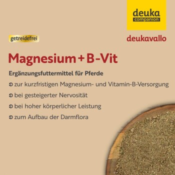 Magnesium + B-Vitamin Ergänzung für Pferde steigert kurzfristig Magnesium, B-Vitamine, reduziert Nervosität, verbessert die Leistung und unterstützt die Darmflora.