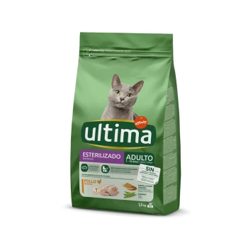 Stérilisé Adulte avec du Poulet 1,5 kg Sac vert de nourriture pour chats Ultima pour chats adultes stérilisés, présentant un chat gris sur le devant, étiqueté "Pollo" et "1,5 kg."