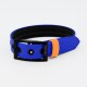 Blaues Hundehalsband mit einer schwarzen Schnalle und einem orangefarbenen Akzent, mit dem Text "THE DOG IDEA" an der Seite.